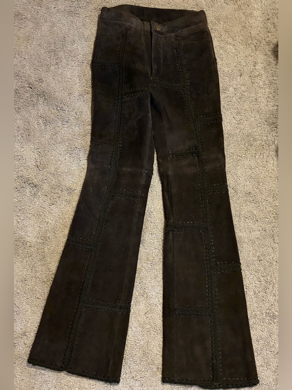 Maxima Wilson’s Vintage Patchwork Suede Flare Pants - Dark Brown. Size 4.